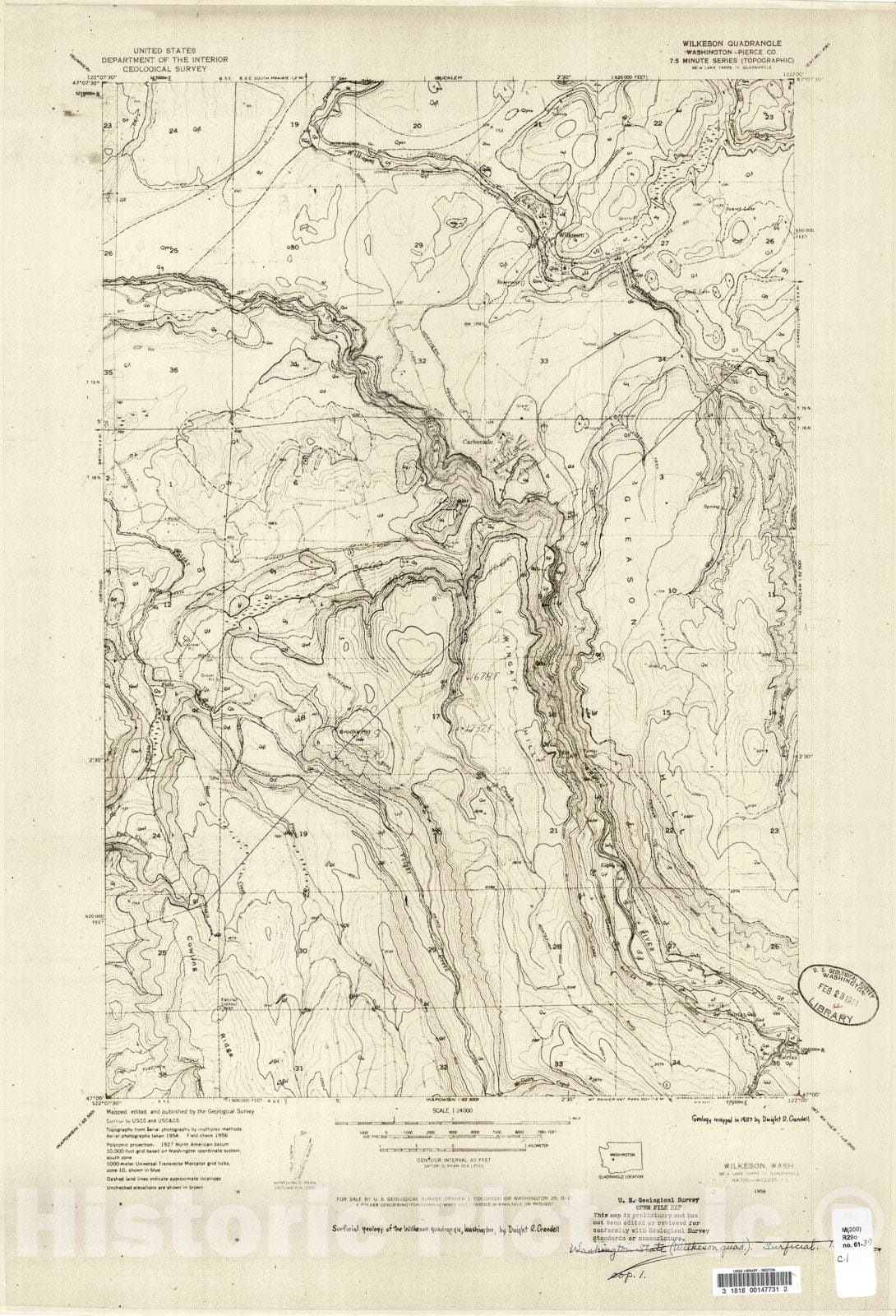 Map : Surficial geology of the Wilkeson quadrangle, Washington, 1961 Cartography Wall Art :