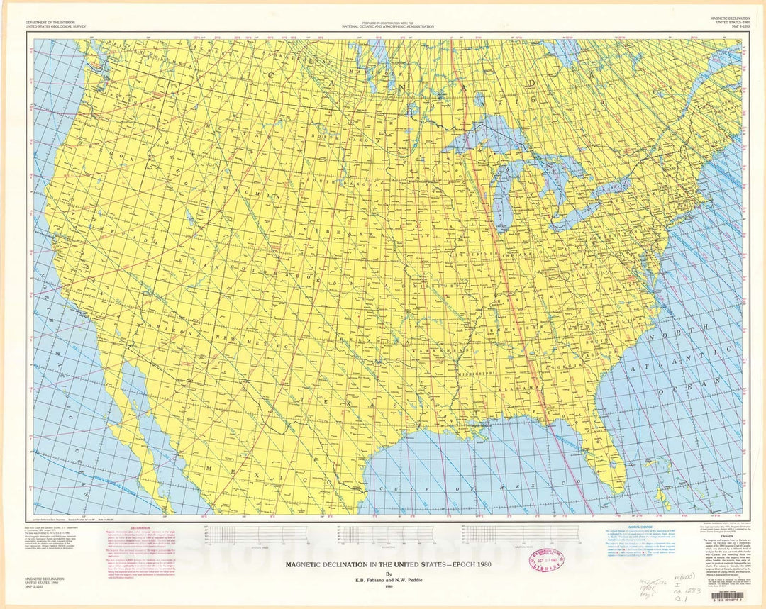 Map : Magnetic declination in the United States - Epoch 1980, 1980 Cartography Wall Art :