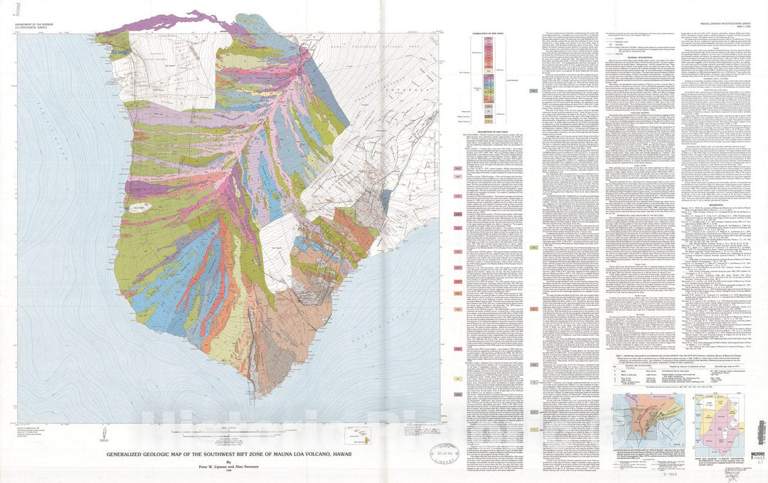 Map : Generalized geologic map of the southwest rift zone of Mauna Loa volcano, Hawaii, 1984 Cartography Wall Art :