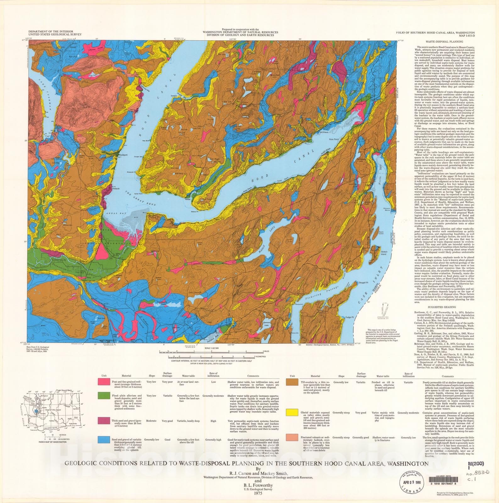 Map : Geologic conditions related to waste-disposal planning in the southern Hood Canal area, Washington, 1975 Cartography Wall Art :