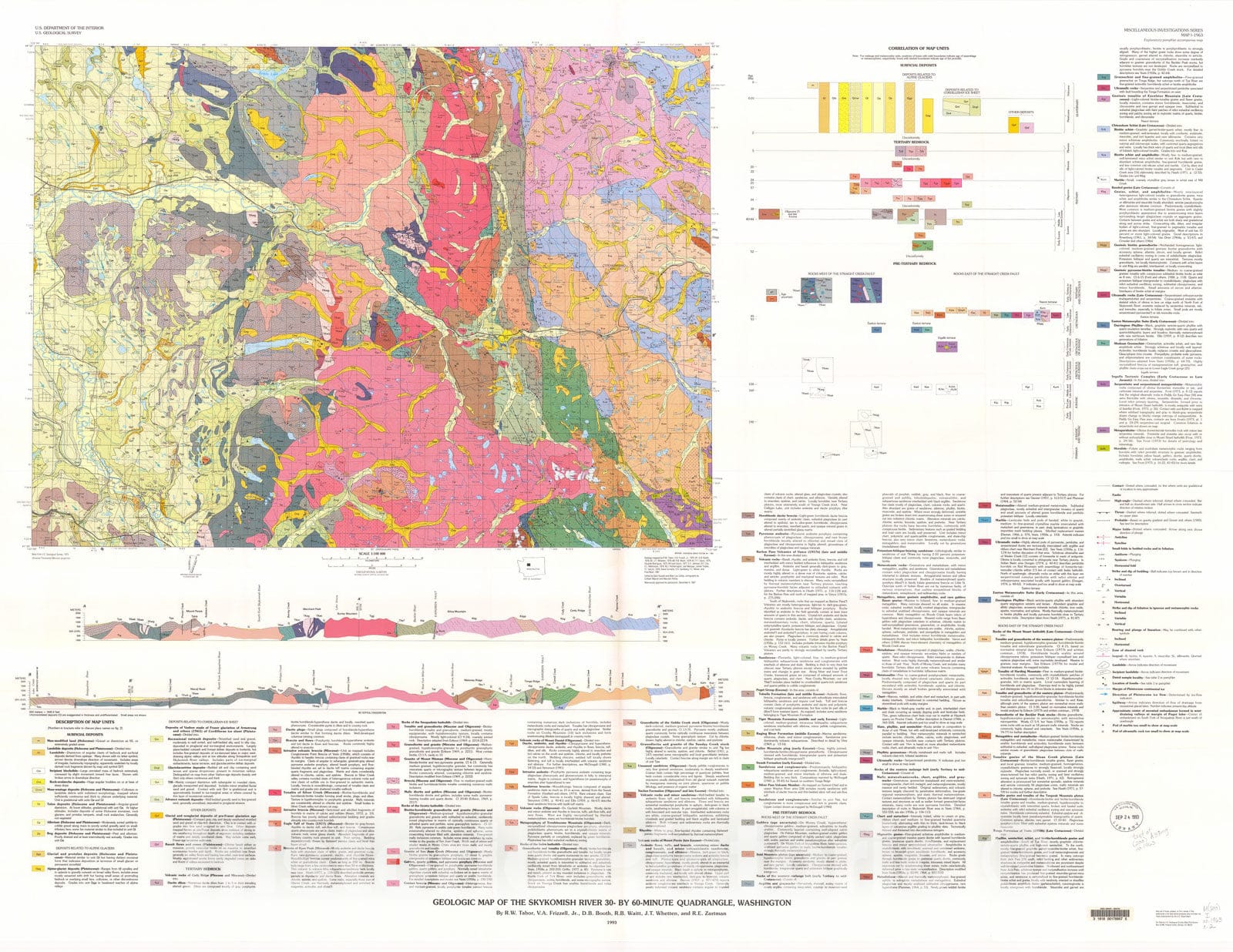 Map : Geologic map of the Skykomish River 30- by 60-minute quadrangle, Washington, 1993 Cartography Wall Art :