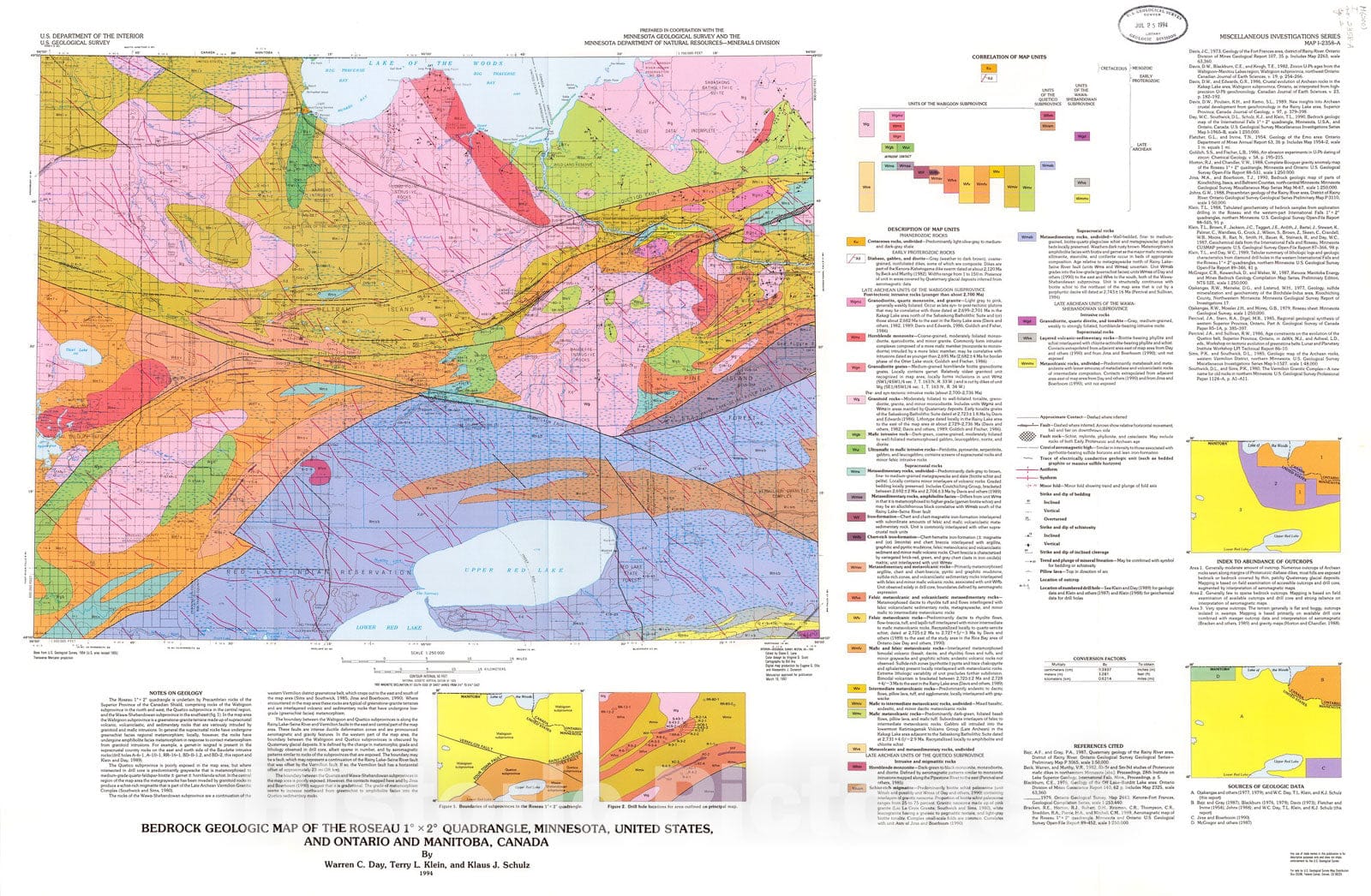 Map : Bedrock geologic map of the Roseau one degree x two degrees quadrangle, Minnesota, United States, and Ontario and Manitoba, Canada, one994 Cartography Wall Art :