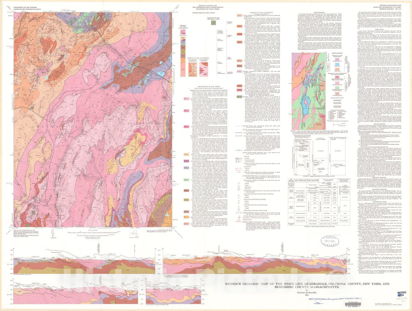 Map : Bedrock geologic map of the State Line quadrangle, Columbia County, New York, and Berkshire County, Massachusetts, 1974 Cartography Wall Art :