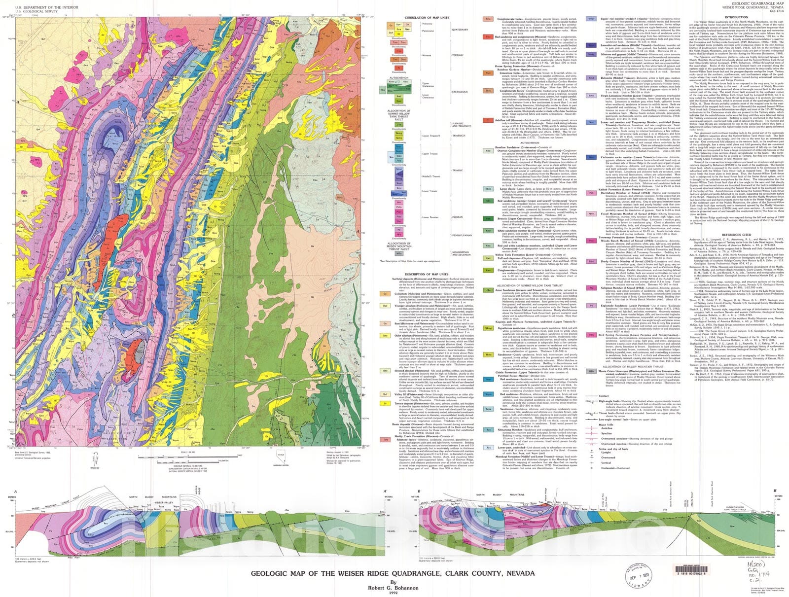 Map : Geologic map of the Weiser Ridge quadrangle, Clark County, Nevada, 1992 Cartography Wall Art :