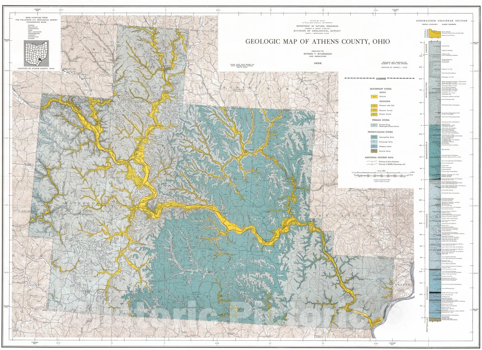 Map : The geology and mineral resources of Athens County, Ohio, 1958 Cartography Wall Art :