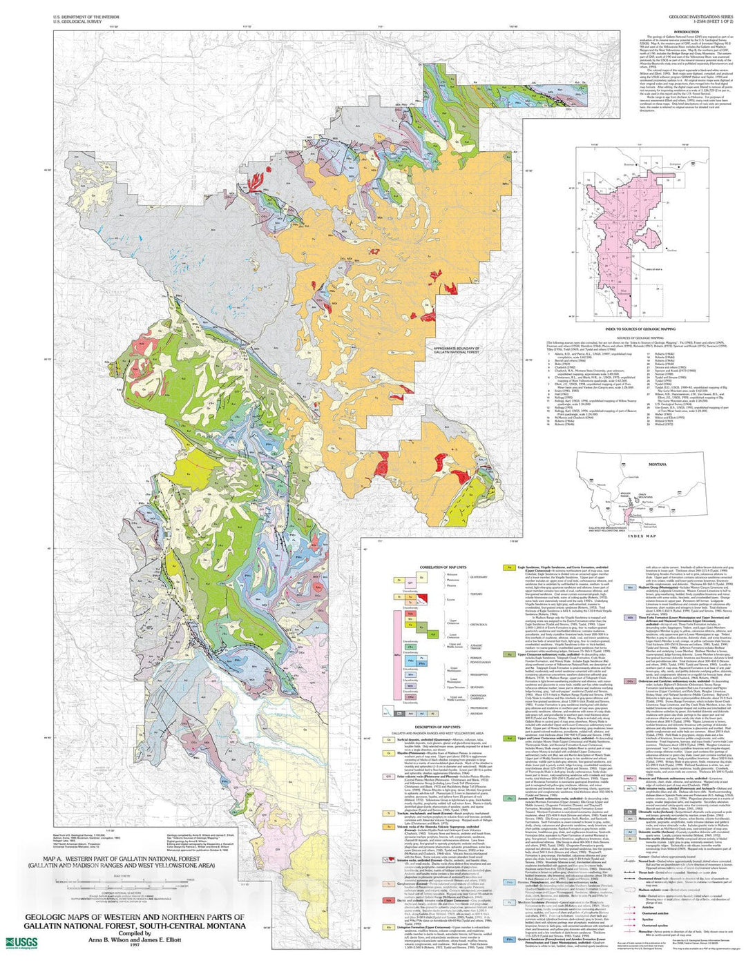 Map : Geologic maps of western and northern parts of Gallatin National Forest, south-central Montana, 1997 Cartography Wall Art :