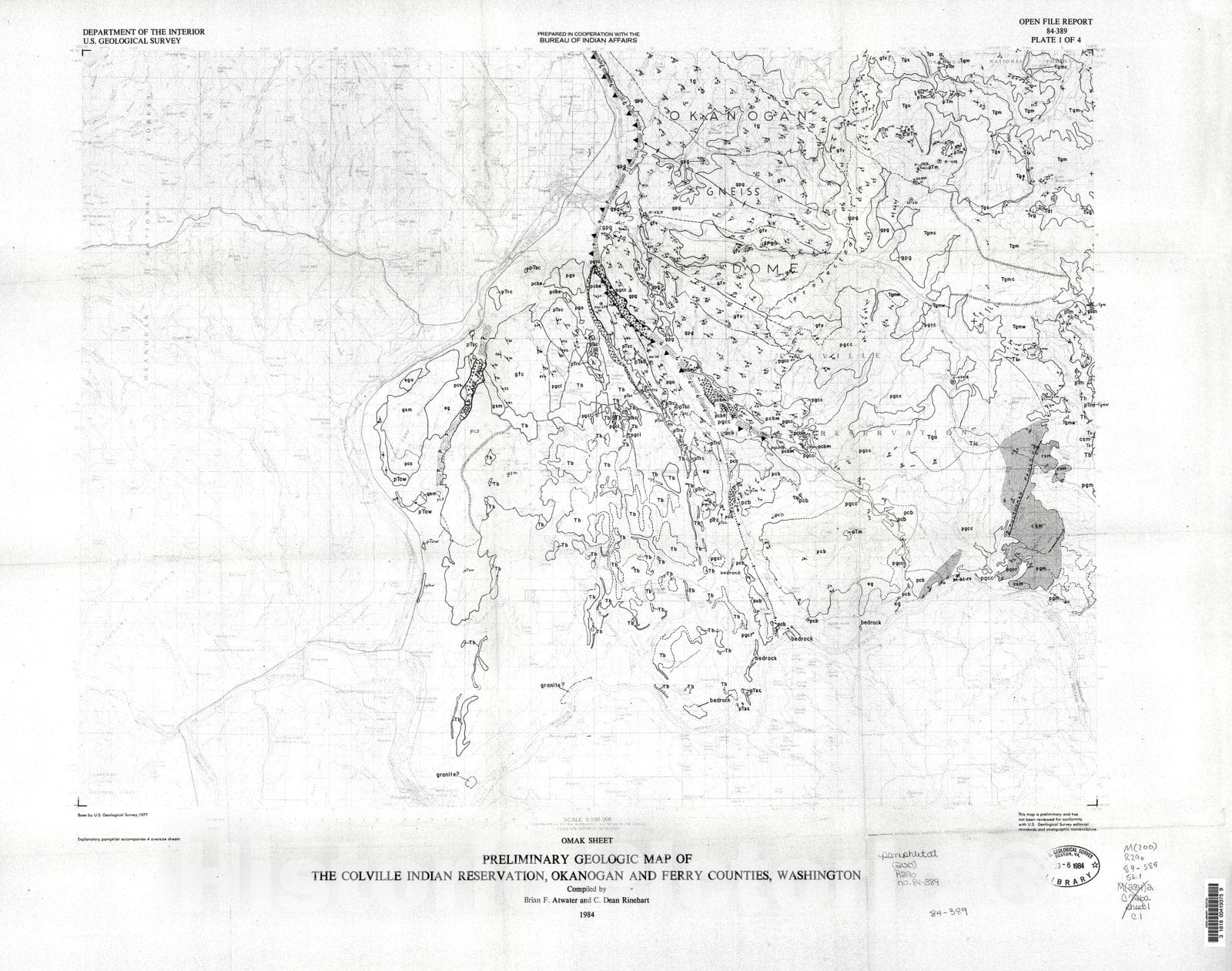 Map : Preliminary geologic map of the Colville Indian Reservation, Ferry and Okanogan Counties, Washington, 1984 Cartography Wall Art :
