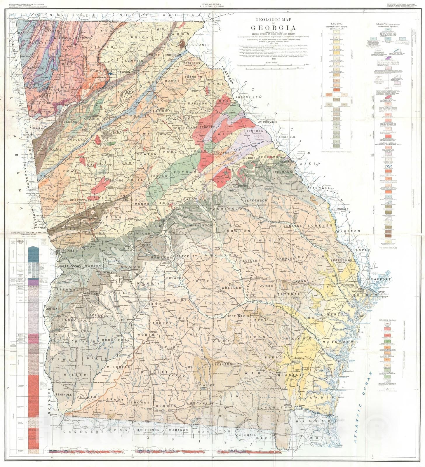 Map : Geologic map of Georgia, 1939 Cartography Wall Art : – Historic ...