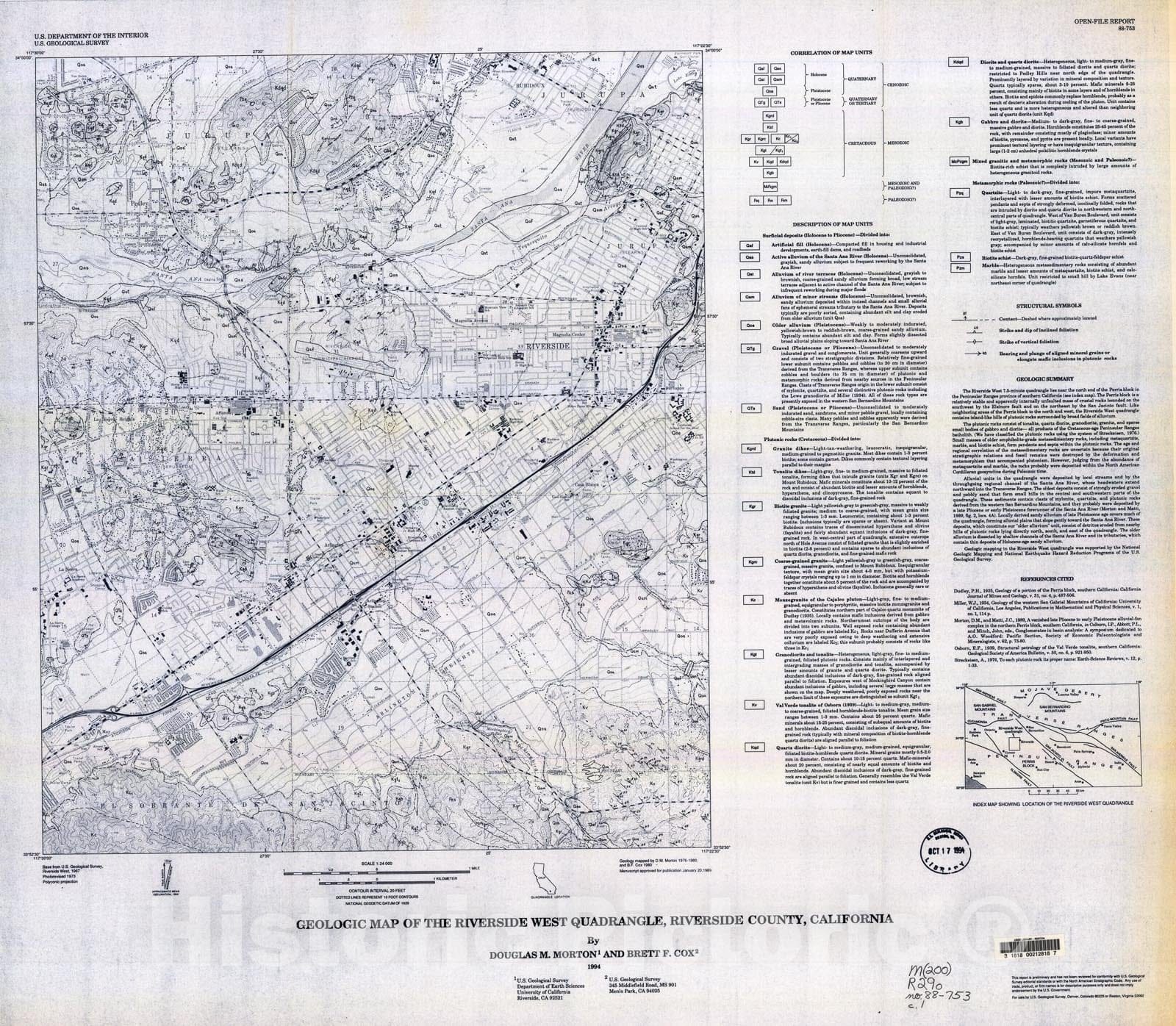Map : Geologic map of the Riverside West quadrangle, Riverside County, California, 1994 Cartography Wall Art :