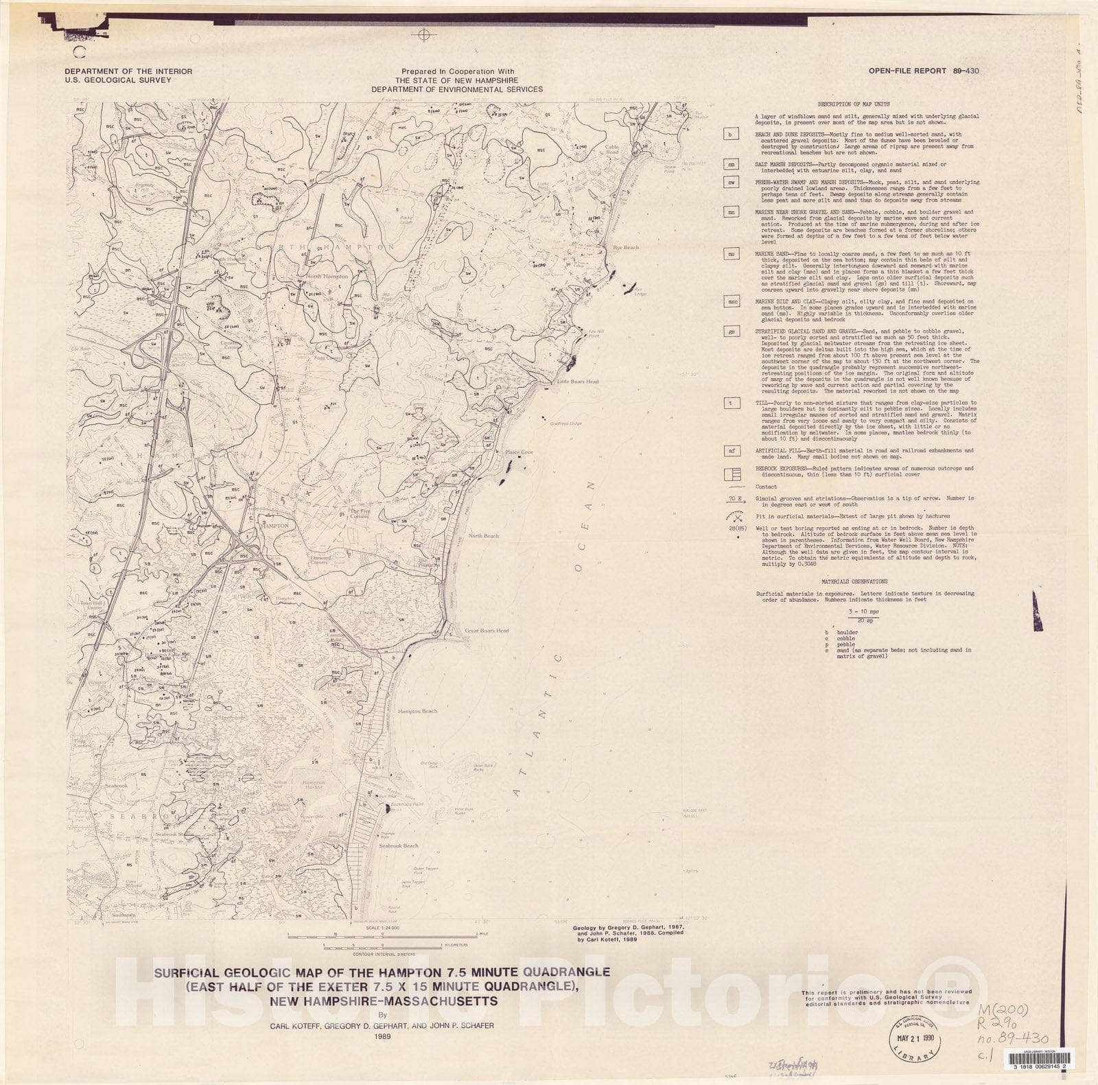 Map : Surficial geologic map of the Hampton 7.5 minute quadrangle (east half of the Exeter 7.5 x 7.5 minute quadrangle), New Hampshire-Massachusetts, 1989 Cartography Wall Art :
