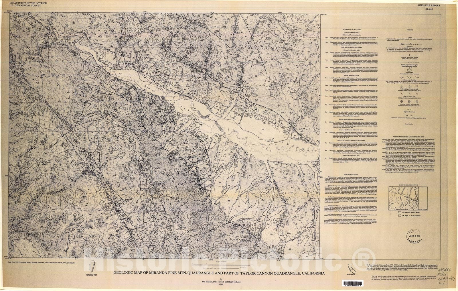 Map : Geologic map of Miranda Pine Mountain quadrangle and part of the Taylor Canyon quadrangle, California, 1989 Cartography Wall Art :