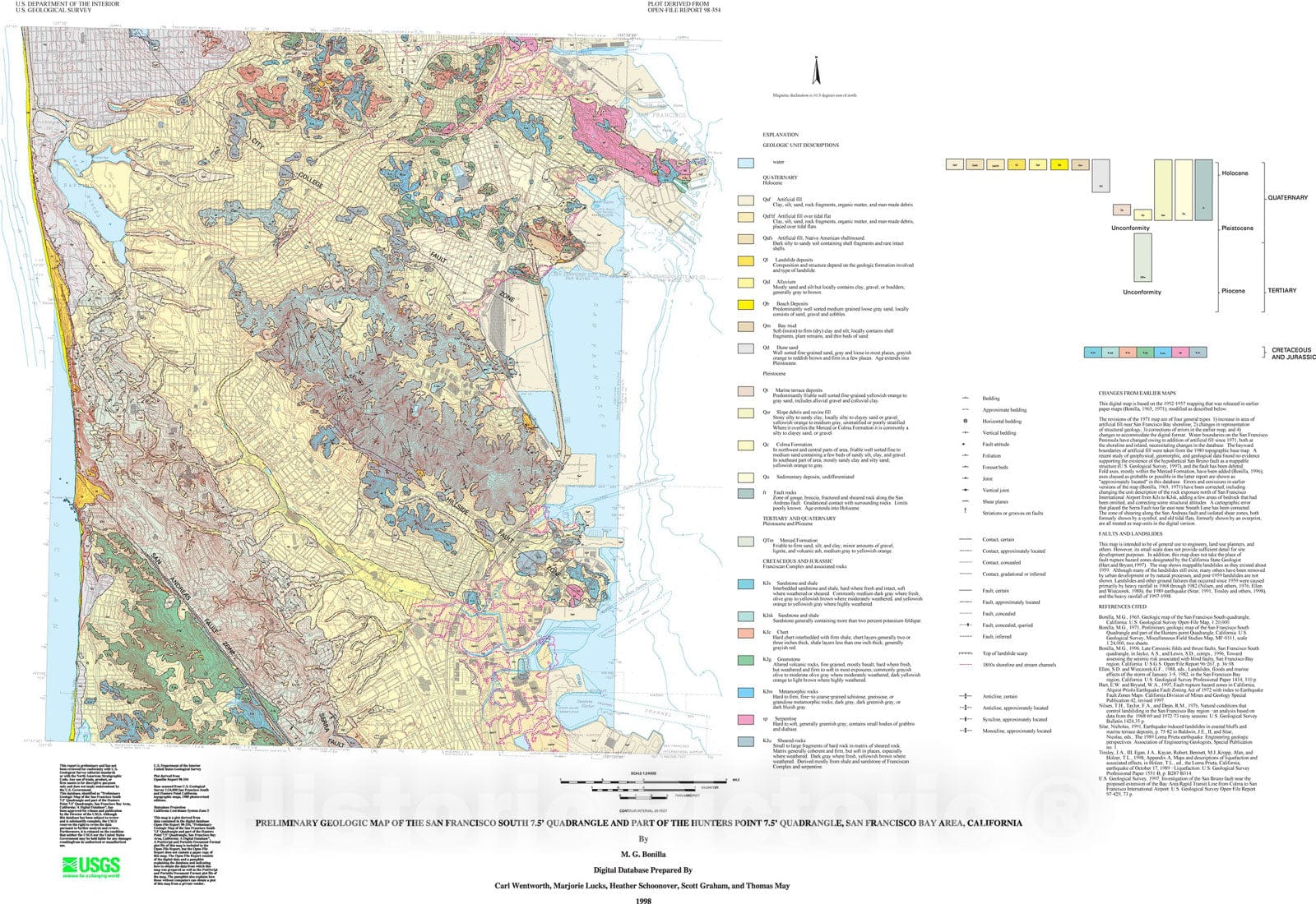 Map : Preliminary geologic map of the San Francisco South 7.5' quadrangle and part of the Hunters Point 7.5' quadrangle, San Francisco B, 1998 Cartography Wall Art :