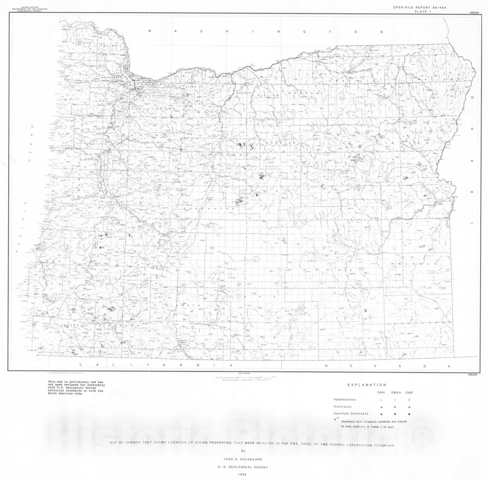 Map : Mining properties in Oregon that were involved in the DMA, DMEA, or OME mineral exploration programs, 1998 Cartography Wall Art :