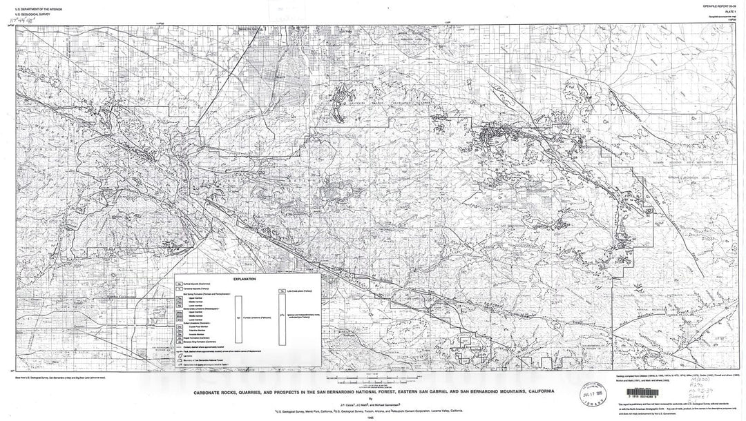 Map : Geology, geochemistry, and resource potential of carbonate rocks in the San Bernardino National Forest, California, 1995 Cartography Wall Art :