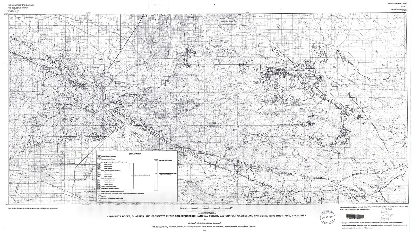 Map : Geology, geochemistry, and resource potential of carbonate rocks in the San Bernardino National Forest, California, 1995 Cartography Wall Art :