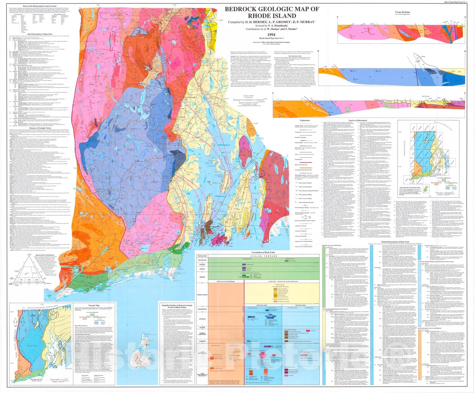 Map : Bedrock geologic map of Rhode Island, 1994 Cartography Wall Art :