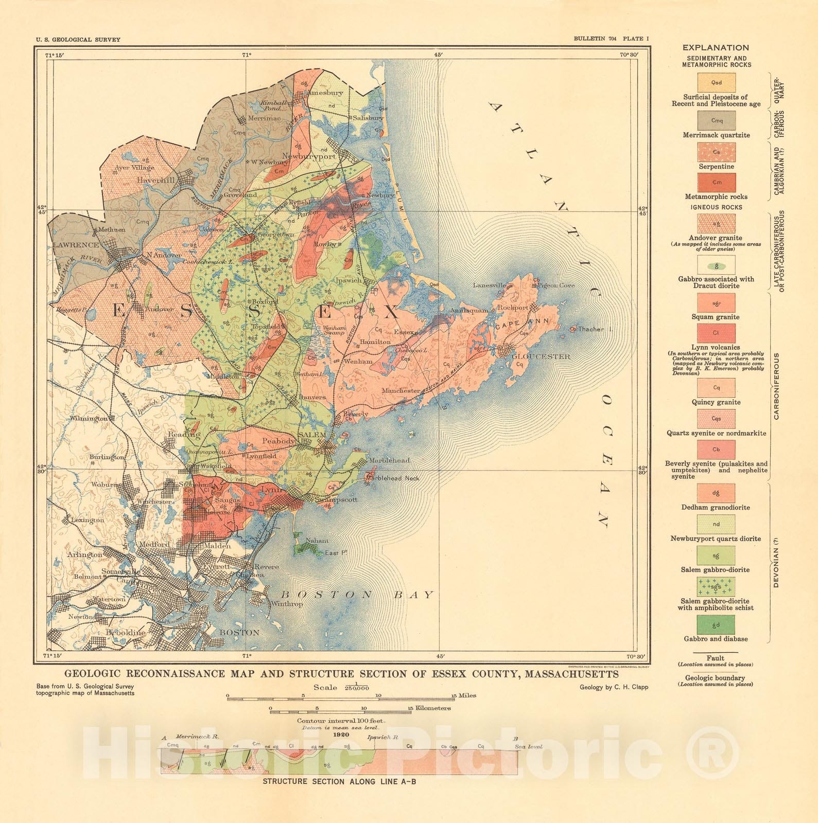 Map : Geology of the igneous rocks of Essex County Massachusetts, 1921 Cartography Wall Art :