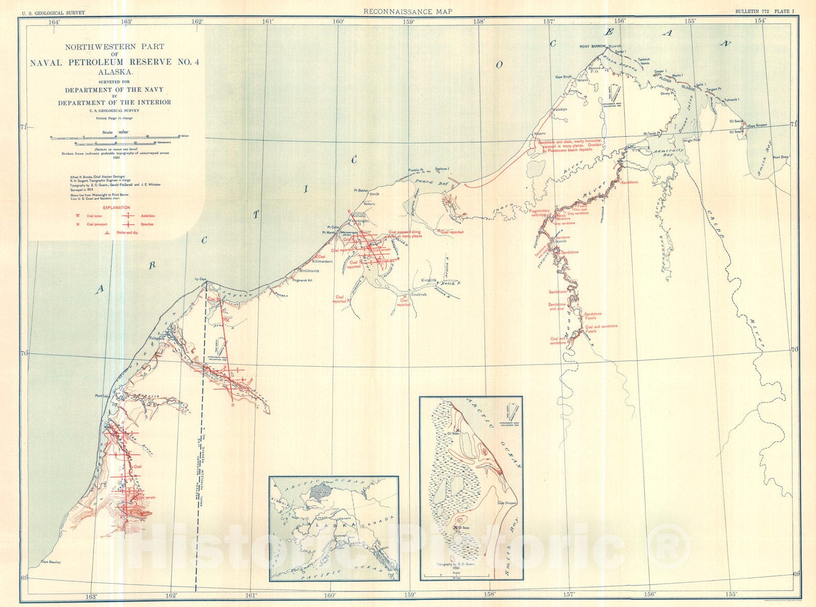 Map : A reconnaissance of the Point Barrow region, Alaska, 1925 Cartography Wall Art :