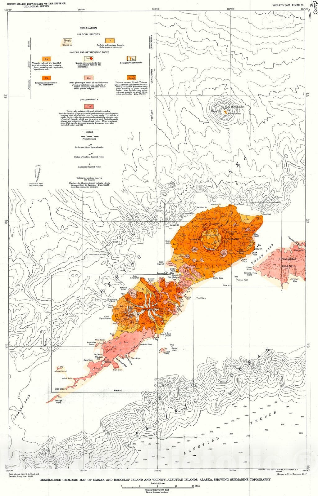 Map : Geology of Umnak and Bogoslof Islands, Aleutian Islands, Alaska, 1959 Cartography Wall Art :