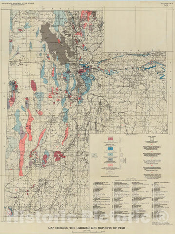Map : Oxidized zinc deposits of the United States: part 2. Utah, 1963 Cartography Wall Art :