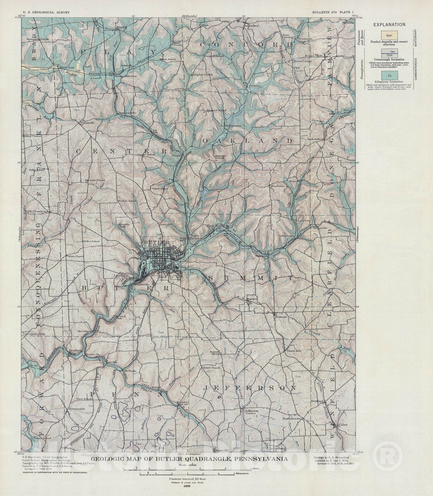 Map : Geology and mineral resources of the Butler and Zelienople quadrangles, Pennsylvania, 1936 Cartography Wall Art :