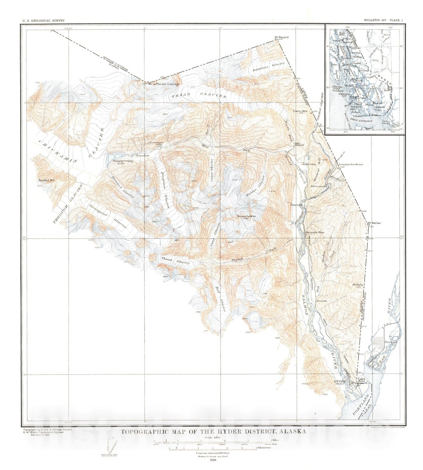 Map : Geology of Hyder and vicinity, southeastern Alaska, with a reconnaissance of Chickamin River, 1929 Cartography Wall Art :