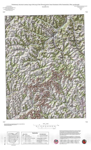 Map : Preliminary structure contour map of the top of the Pennsylvanian Conemaugh Ames limestone of the Amsterdam, Ohio, quadrangle, 1997 Cartography Wall Art :