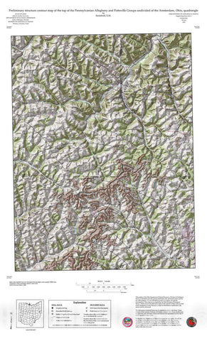 Map : Preliminary structure contour map of the top of the Pennsylvanian Allegheny and Pottsville Groups undivided of the Amsterdam, Ohio, quadrangle, 1997 Cartography Wall Art :