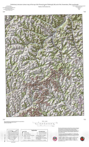Map : Preliminary structure contour map of the top of the Pennsylvanian Pittsburgh [#8] coal of the Amsterdam, Ohio, quadrangle, 1996 Cartography Wall Art :