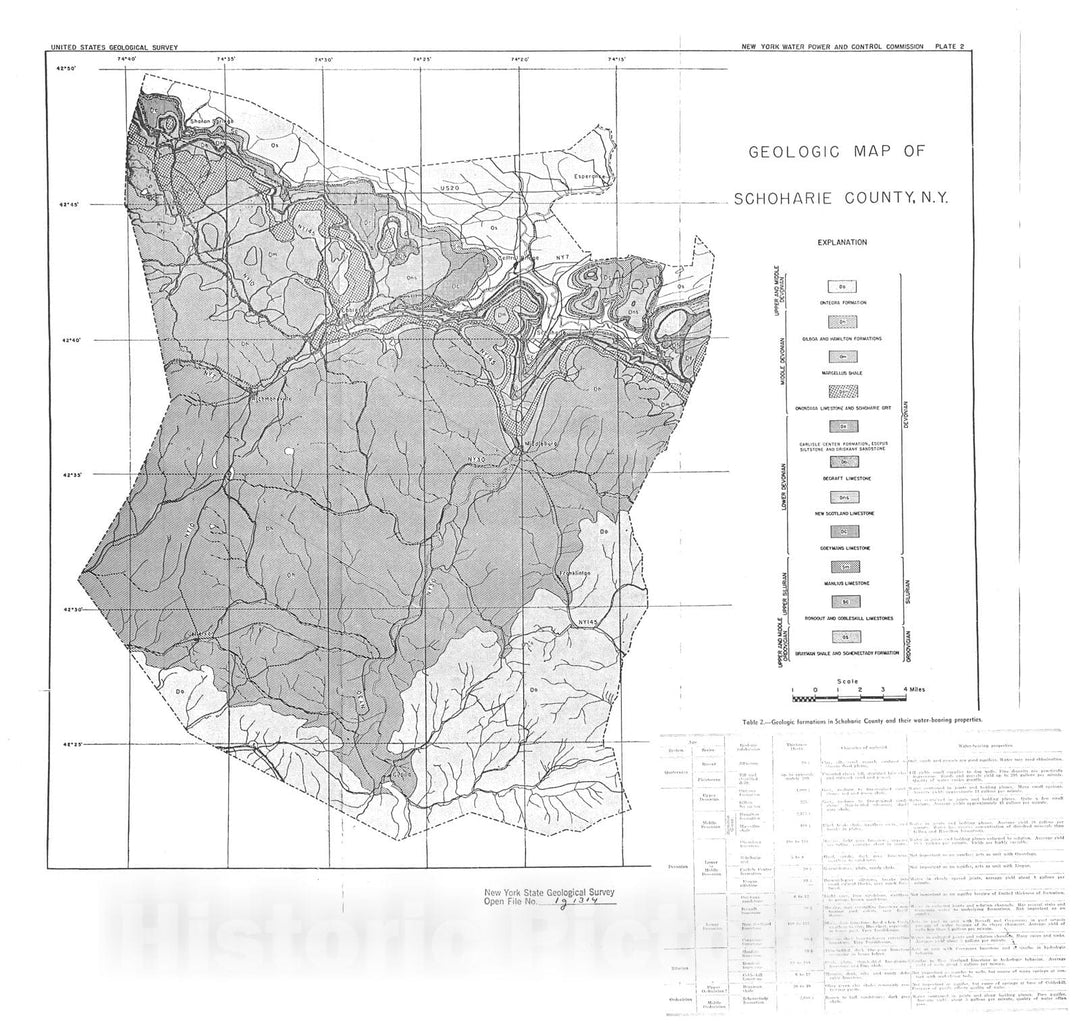 Map : Geologic Map of Schoharie County, New York, 1950 Cartography Wall Art :