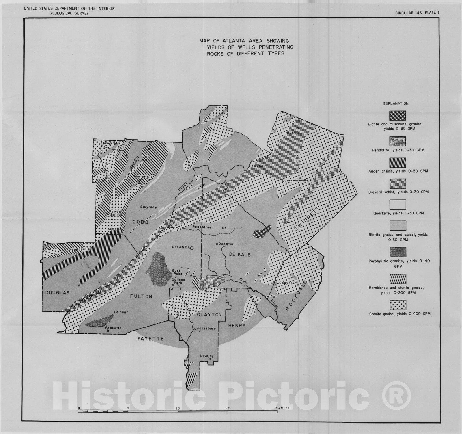 Map : Water resources of the Atlanta metropolitan area, 1951 Cartography Wall Art :
