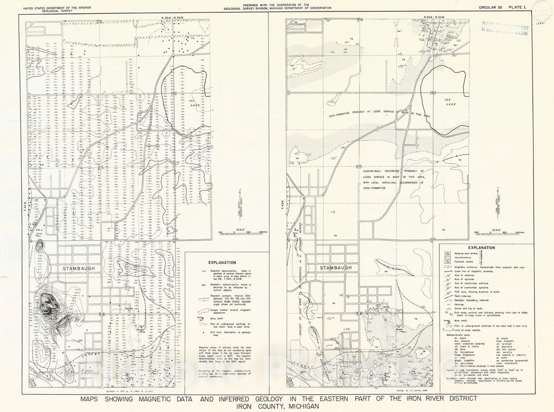Map : Magnetic survey and geology of the eastern and southern parts of the Iron River district, Iron County, Michigan, 1948 Cartography Wall Art :