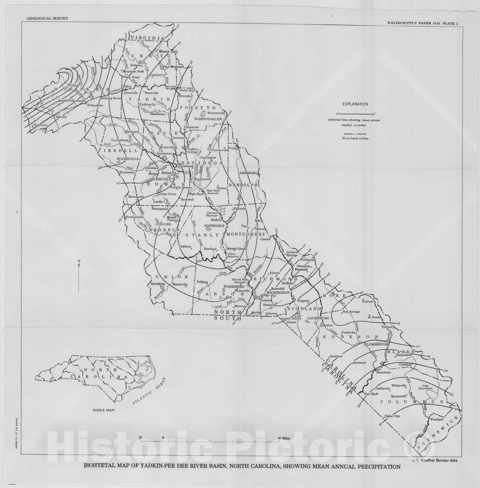 Map : Water resources of the Yadkin - Pee Dee River Basin, North Carolina, 1957 Cartography Wall Art :