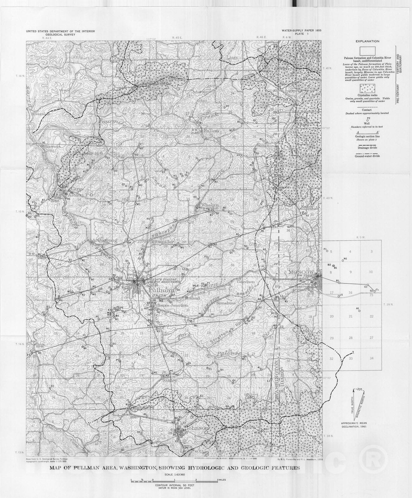 Map : Ground water in the Pullman area, Whitman County, Washington, 1963 Cartography Wall Art :