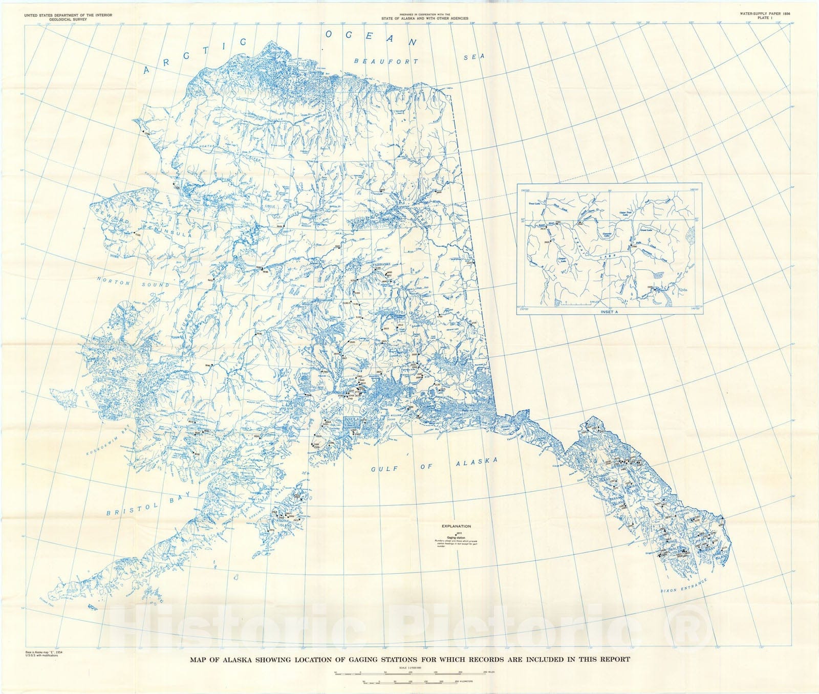 Map : Surface water supply of the United States, 1961-65, Part 15. Alaska, 1971 Cartography Wall Art :