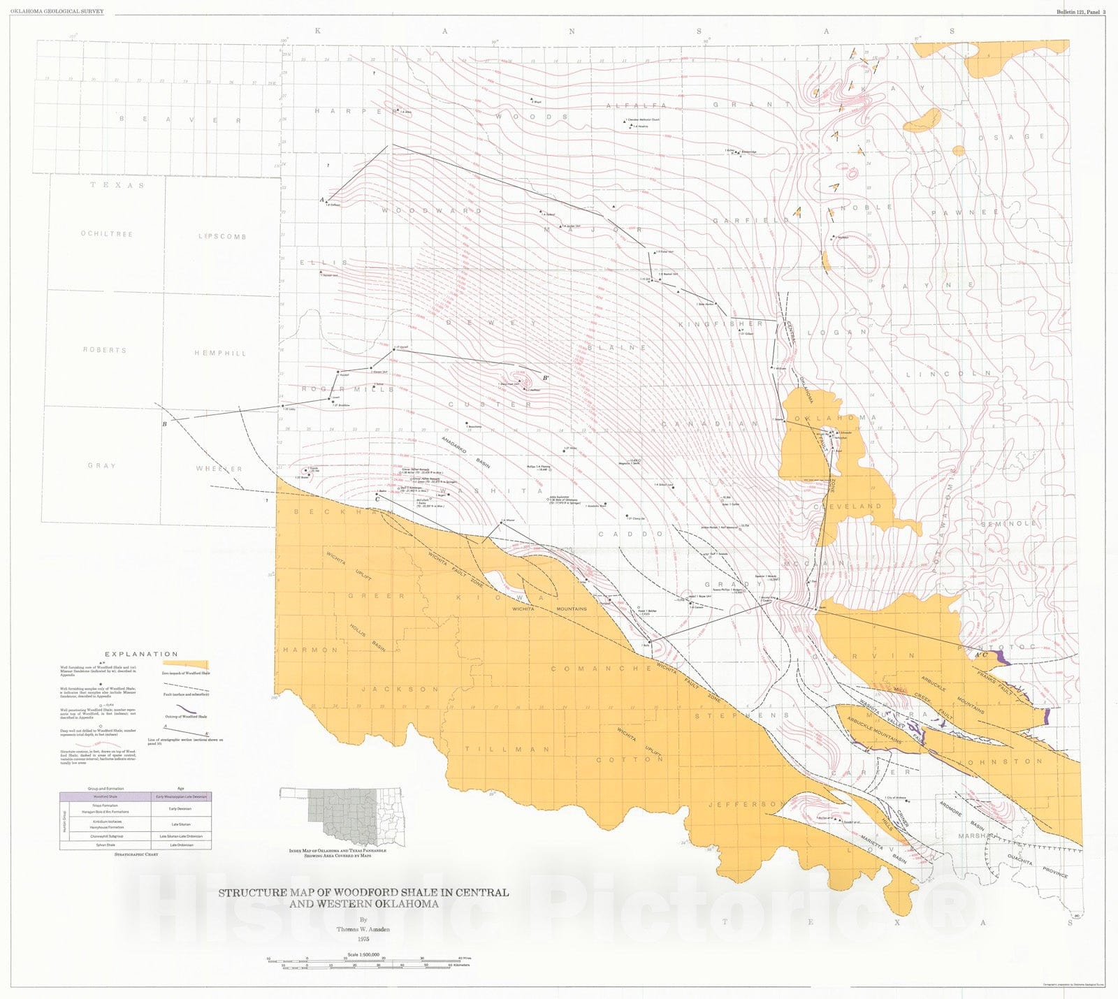 Map : Panel 3.  Structure map of Woodford Shale in central and western Oklahoma, 1975 Cartography Wall Art :