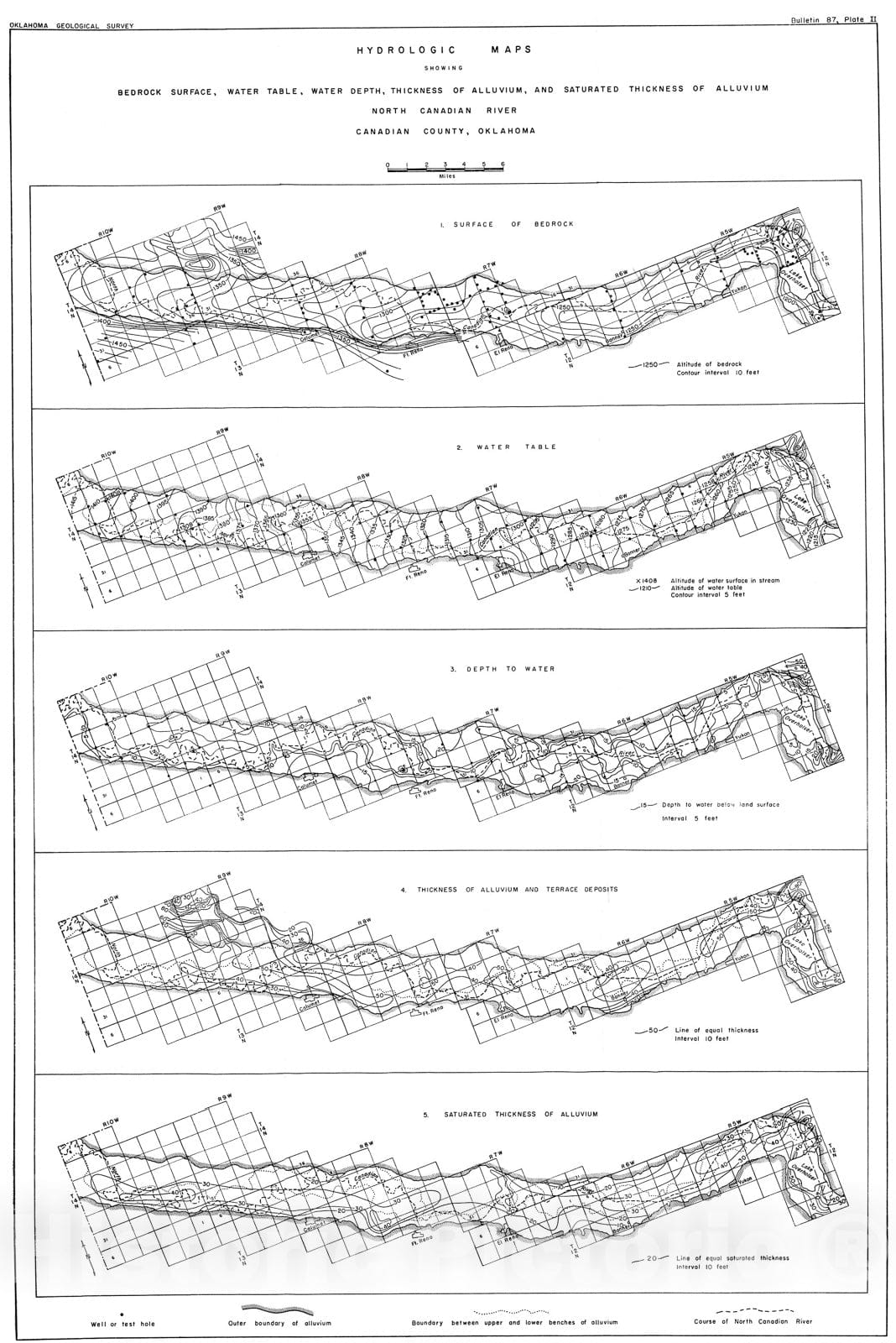 Map : Plate 2. Hydrologic map showing bedrock surface, water table, water depth, thickness of alluvium, and saturated thickness of alluv, 1960 Cartography Wall Art :