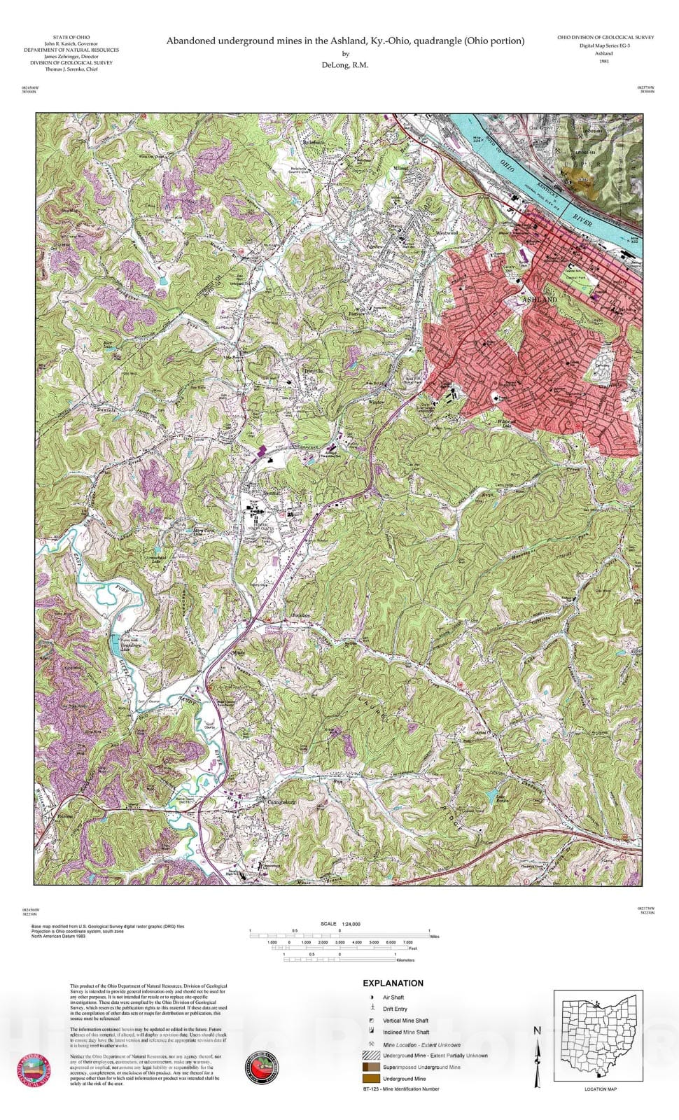 Map : Abandoned underground mines in the Ashland, Ky.-Ohio, quadrangle (Ohio portion), 1981 Cartography Wall Art :