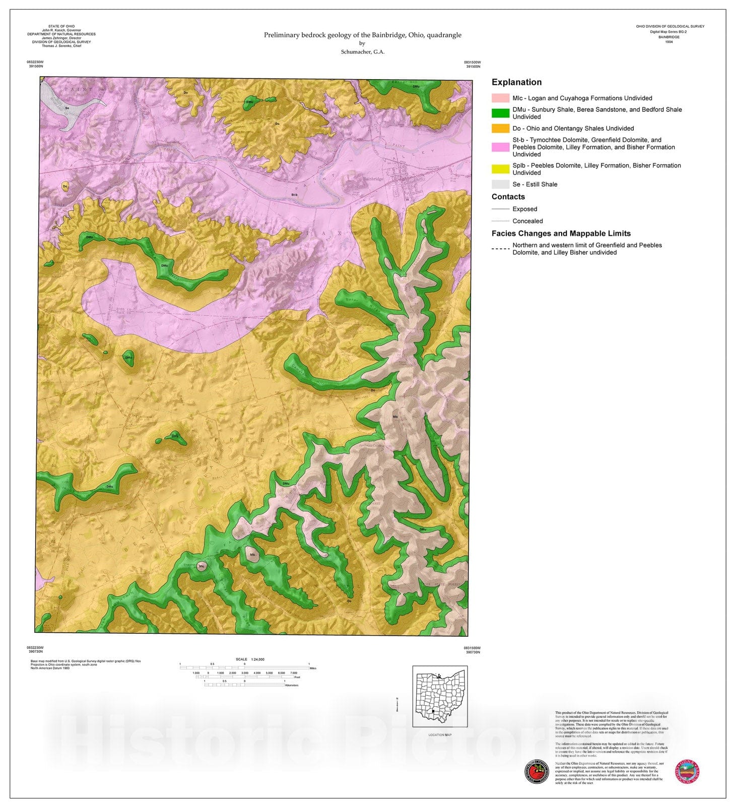 Map Preliminary bedrock geology of the Bainbridge, Ohio, quadrangle, Historic Pictoric