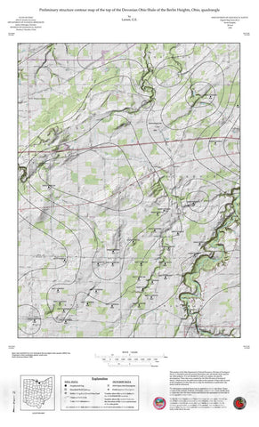 Map : Preliminary structure contour map of the top of the Devonian Ohio Shale of the Berlin Heights, Ohio, quadrangle, 1995 Cartography Wall Art :