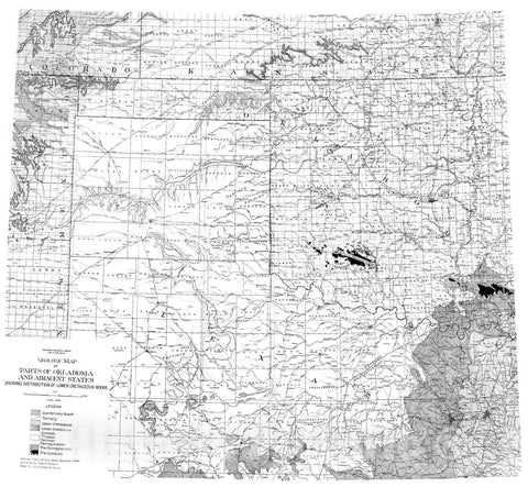 Map : Plate 1. Geologic map of parts of Oklahoma and adjacent states showing distribution of lower Cretaceous rocks, 1928 Cartography Wall Art :