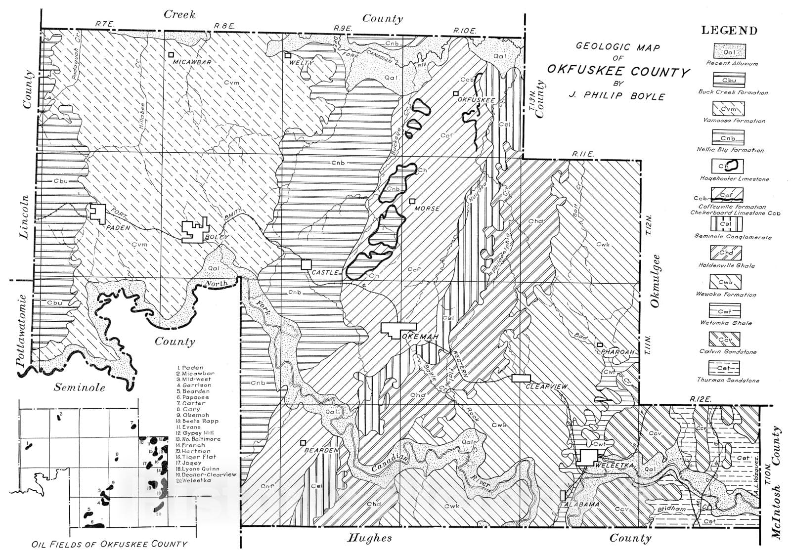 Map Plate 38. Geologic map of Okfuskee County, 1930 Cartography Wall