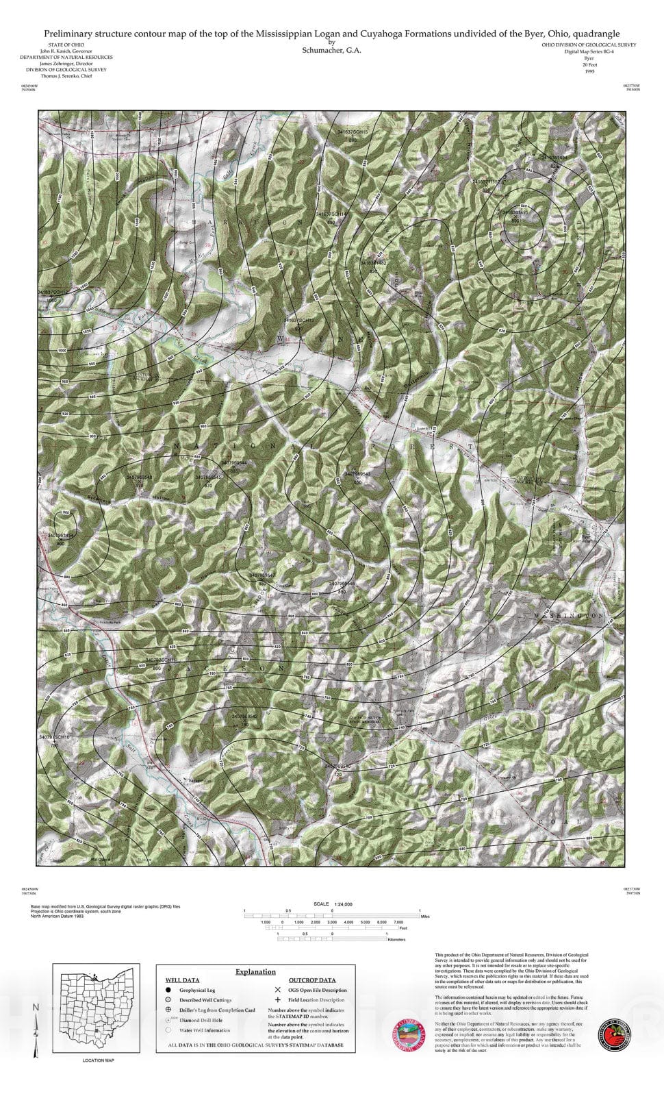 Map : Preliminary structure contour map of the top of the Mississippian Logan and Cuyahoga Formations undivided of the Byer, Ohio, quadrangle, 1995 Cartography Wall Art :