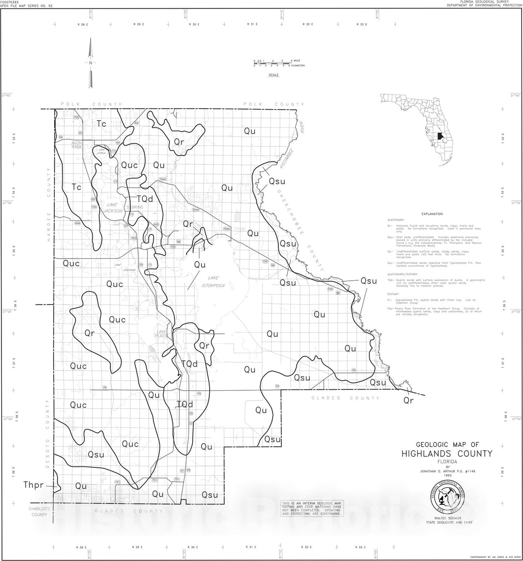 Map : Geologic map of Highlands County, Florida, 1993 Cartography Wall Art :
