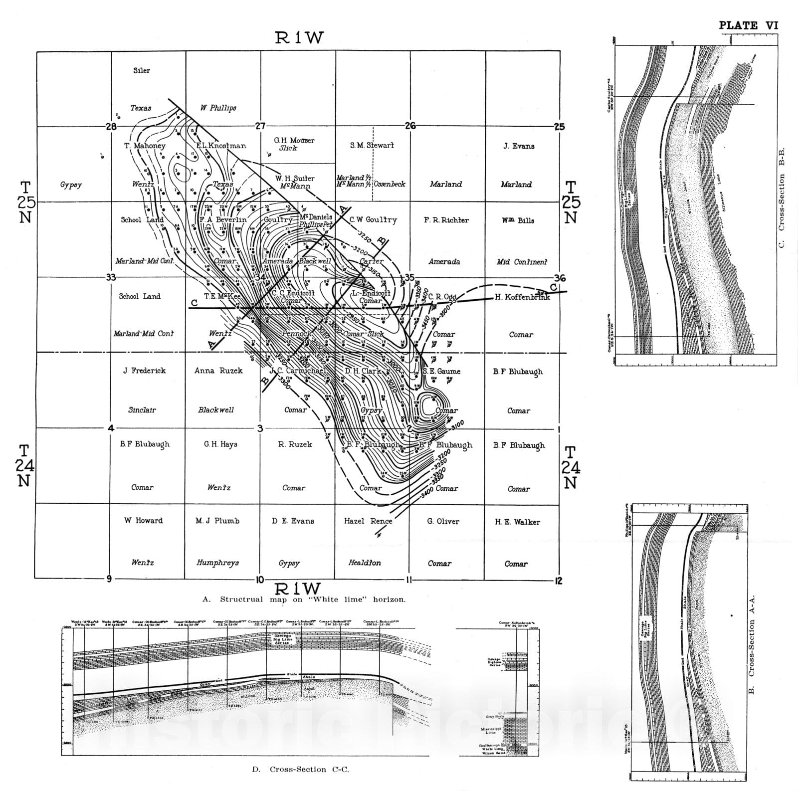 Map : Plate 13. Structural map on "White lime" horizon, 1928 Cartography Wall Art :