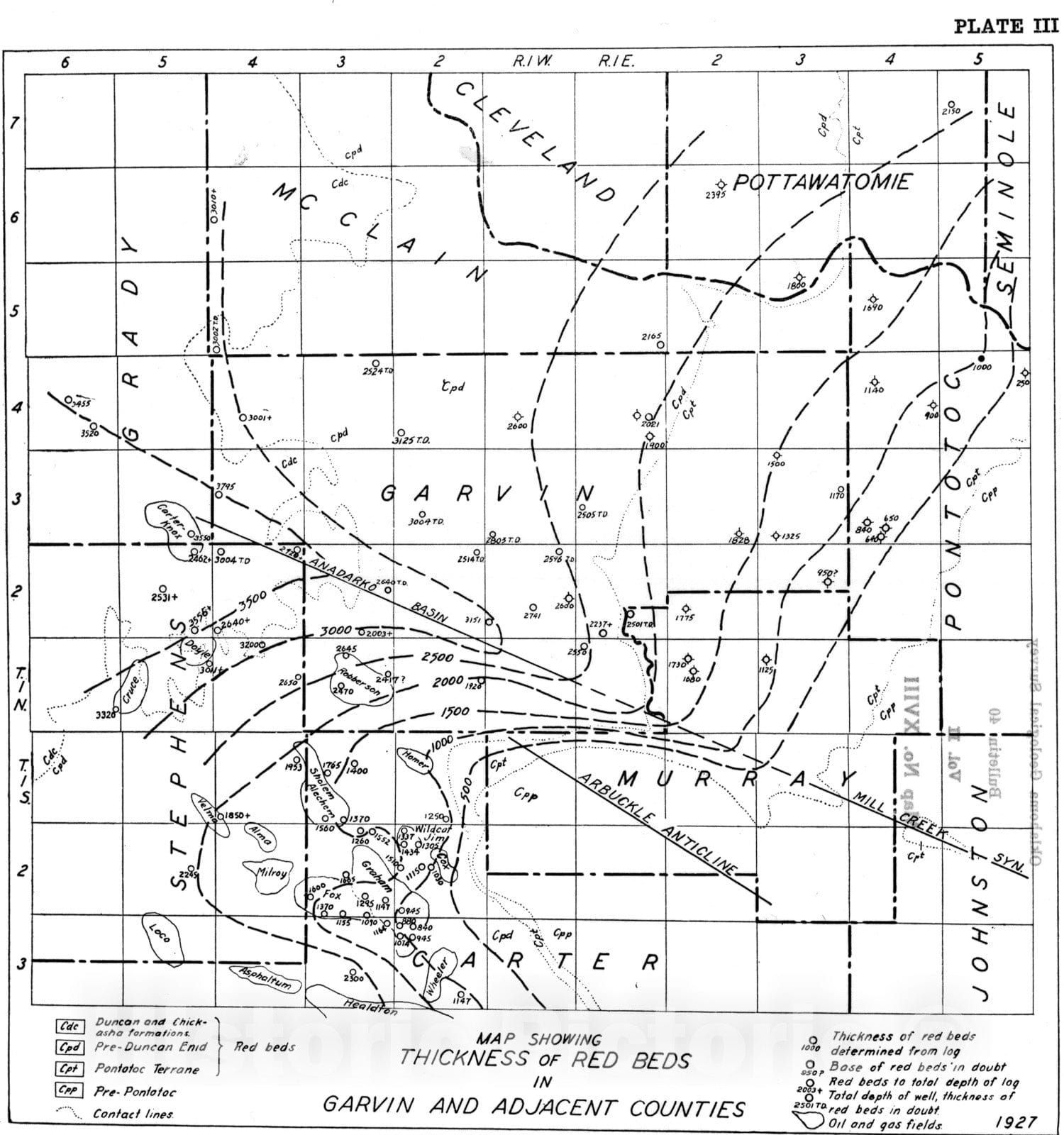 Map : Plate 18. Map showing thickness of Red Beds in Garvin and adjacent counties, 1927 Cartography Wall Art :