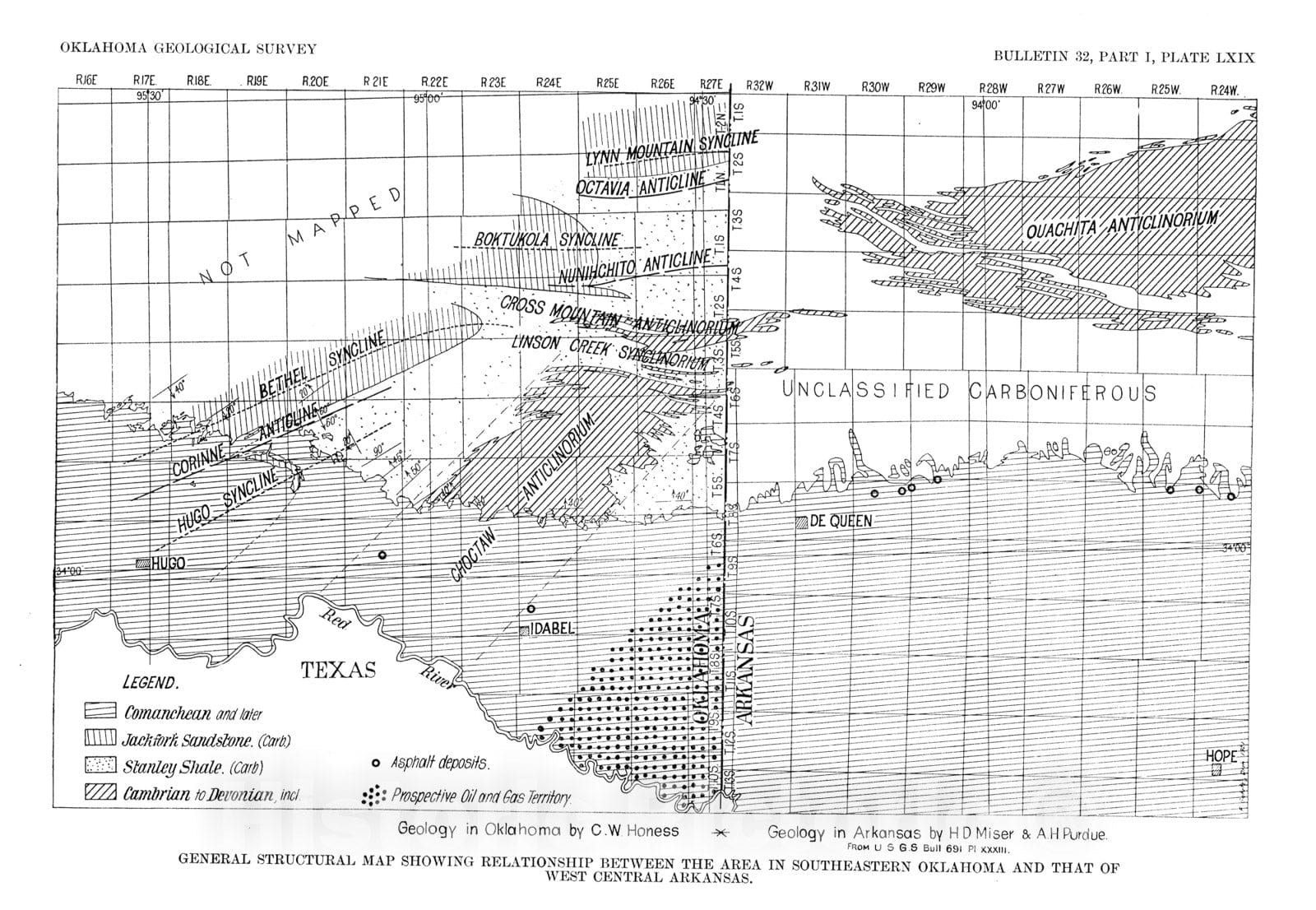 Map : Plate 8. General structural map showing relationship between the area in southeastern Oklahoma and that of west central Arkansas, 1923 Cartography Wall Art :