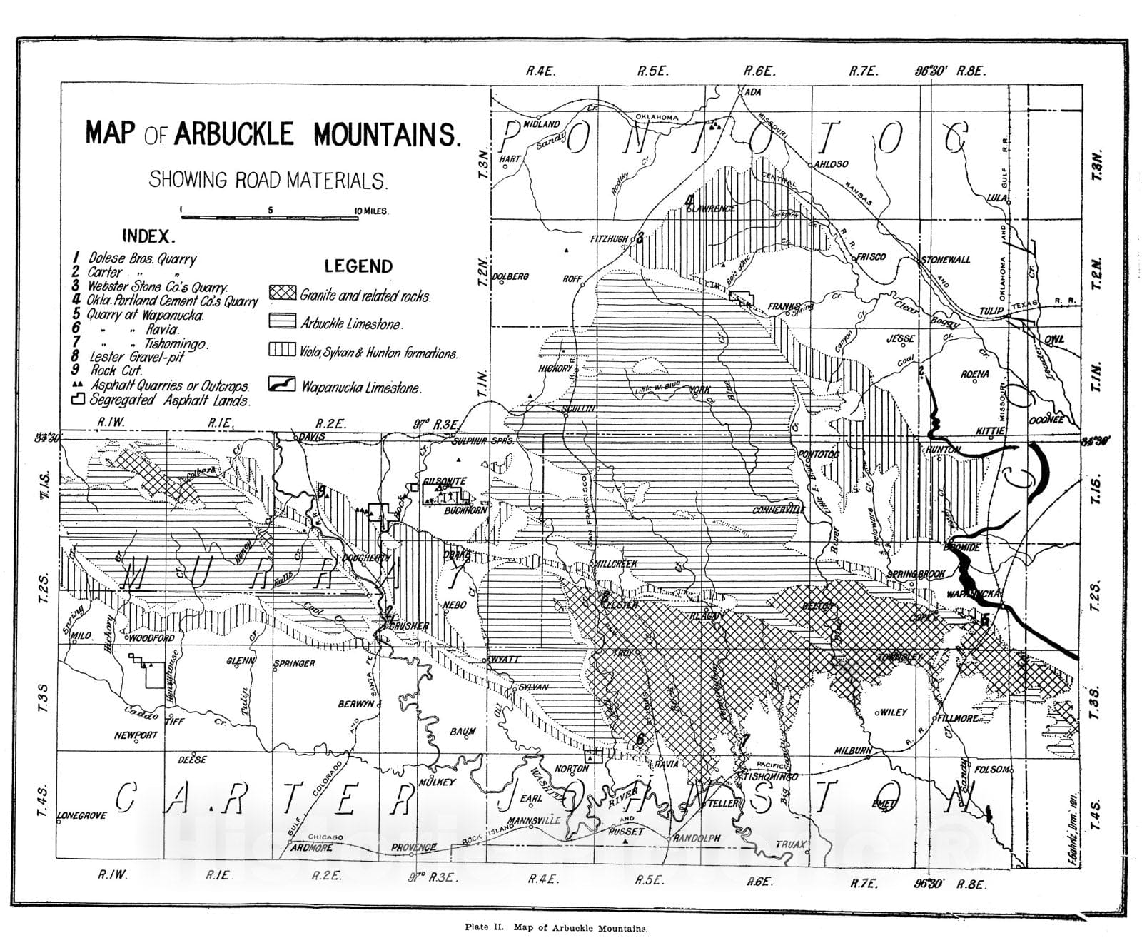 Map : Plate 2. Map of Arbuckle Mountains, showing road materials, 1911 Cartography Wall Art :