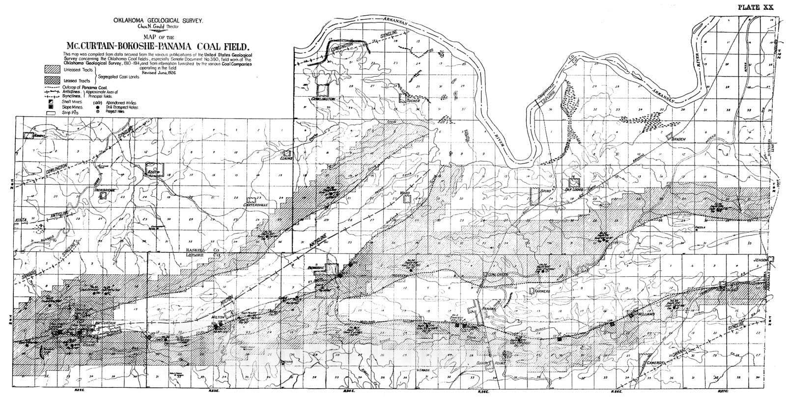 Map : Plate 20. Map of the McCurtain-Bokoshe-Panama coal field, 1926 Cartography Wall Art :