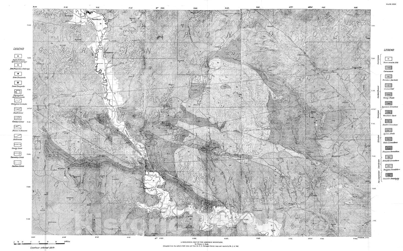 Map : Plate 24. A geologic map of the Arbuckle Mountains, 1910 Cartography Wall Art :
